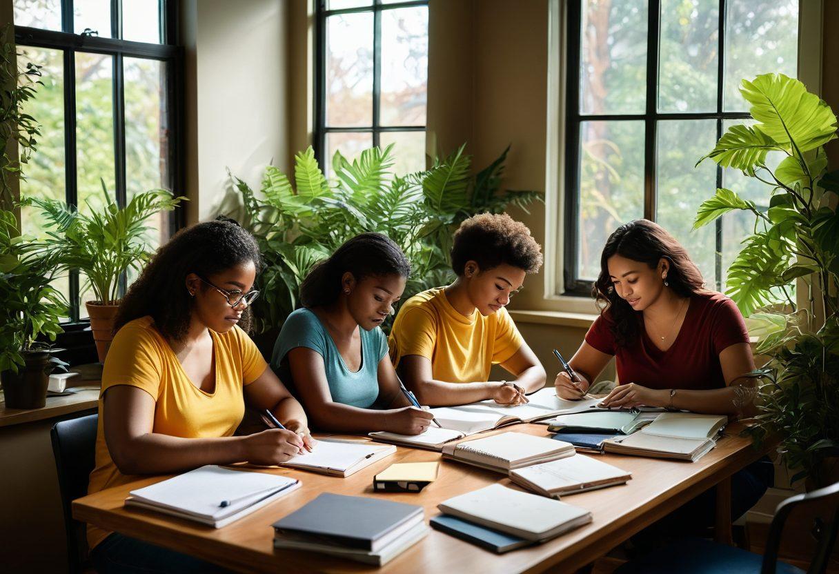 A cozy writing nook filled with colorful notebooks and pens, overlooking a sunlit window with lush plants. In the foreground, a diverse group of confident individuals of various body types collaborate on their writing, showcasing their unique styles. The atmosphere exudes creativity and self-acceptance, with warm tones that invite inspiration. Artistic elements like swirling ink and motivational quotes are subtly integrated into the scene. vibrant colors. super-realistic.