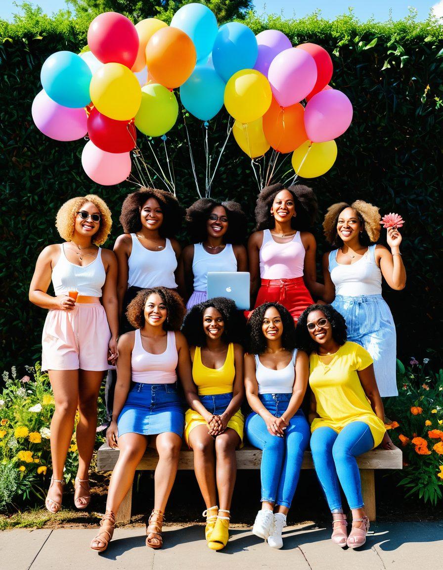 A celebration of diverse body shapes, featuring women of all sizes joyfully posing together in a vibrant outdoor setting with colorful flowers and balloons. Incorporate elements of blogging such as laptops and notebooks scattered around, highlighting creativity and self-expression. Show warmth, laughter, and a sense of community, with sunny skies and bright colors that radiate positivity. colorful and uplifting. vibrant colors. soft focus.