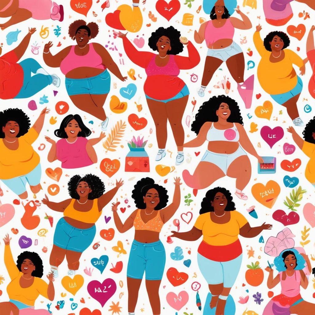 A vibrant and playful collage depicting diverse individuals celebrating body positivity and self-love in digital content creation. Include elements like colorful social media icons, art supplies, and cheerful expressions. The background should be a blend of warmth and creativity, symbolizing the journey from booty culture to self-acceptance. Make it lively and inspiring. vector art. vibrant colors. white background.